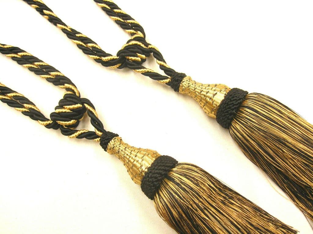2 Prince Black & Gold Curtain Tassel Tiebacks Tie Backs PAIR Cord Cable